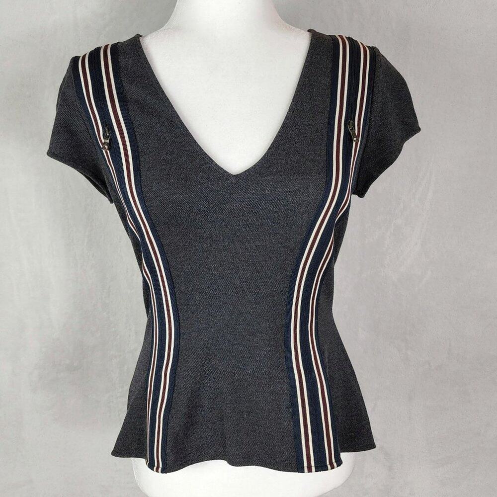 BCBGMaxAzria Peplum Top Women S Monica Grey V Neck Stripe & Zipper Short Sleeve